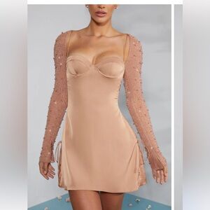 Long Sleeve Embellished A-line Mini Dress in Beige